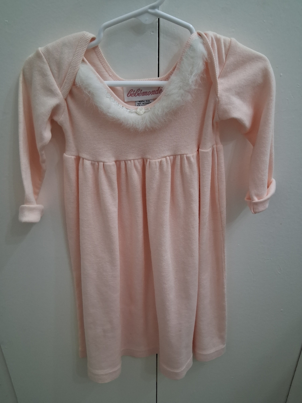 Pink Long-Sleeve Girls Dress with Faux Fur Trim